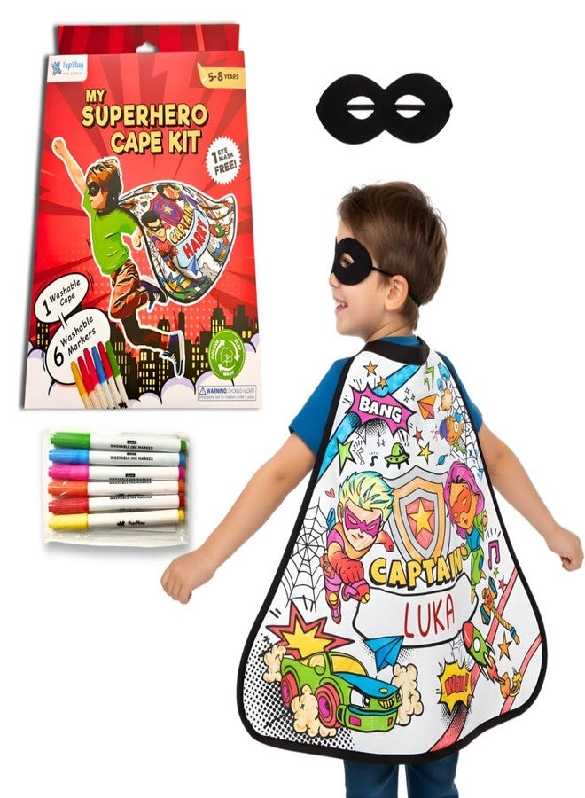 PepPlay My Superhero Cape Coloring Kit, 6 Smudge-Free Washable Markers & Eye Mask, Reusable, Mess Free DIY Activity, for Boys 4+, Birthday Gift for Boys and Girls Ages 4 5 6 7 8, Pretend Play, Cotton - Image 1